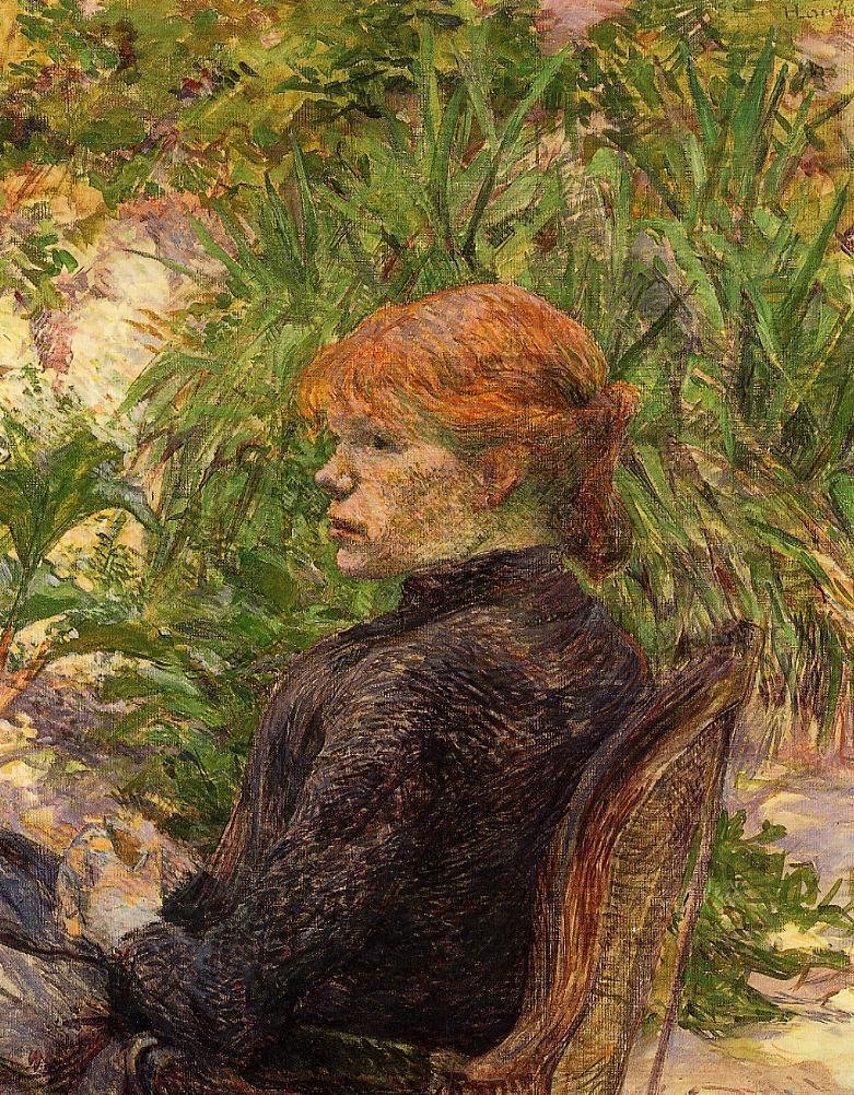 Rusovlasá žena sedící na konzervatoři od Henri de Toulouse Lautrec