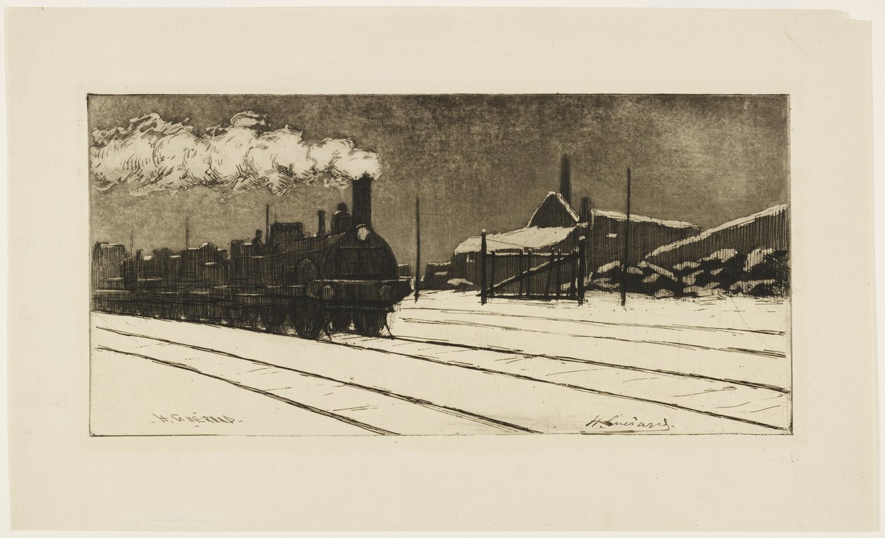 Lokomotiva, sněhový efekt, cca 1888 (lept a akvatinta) od Henri Charles Guérard