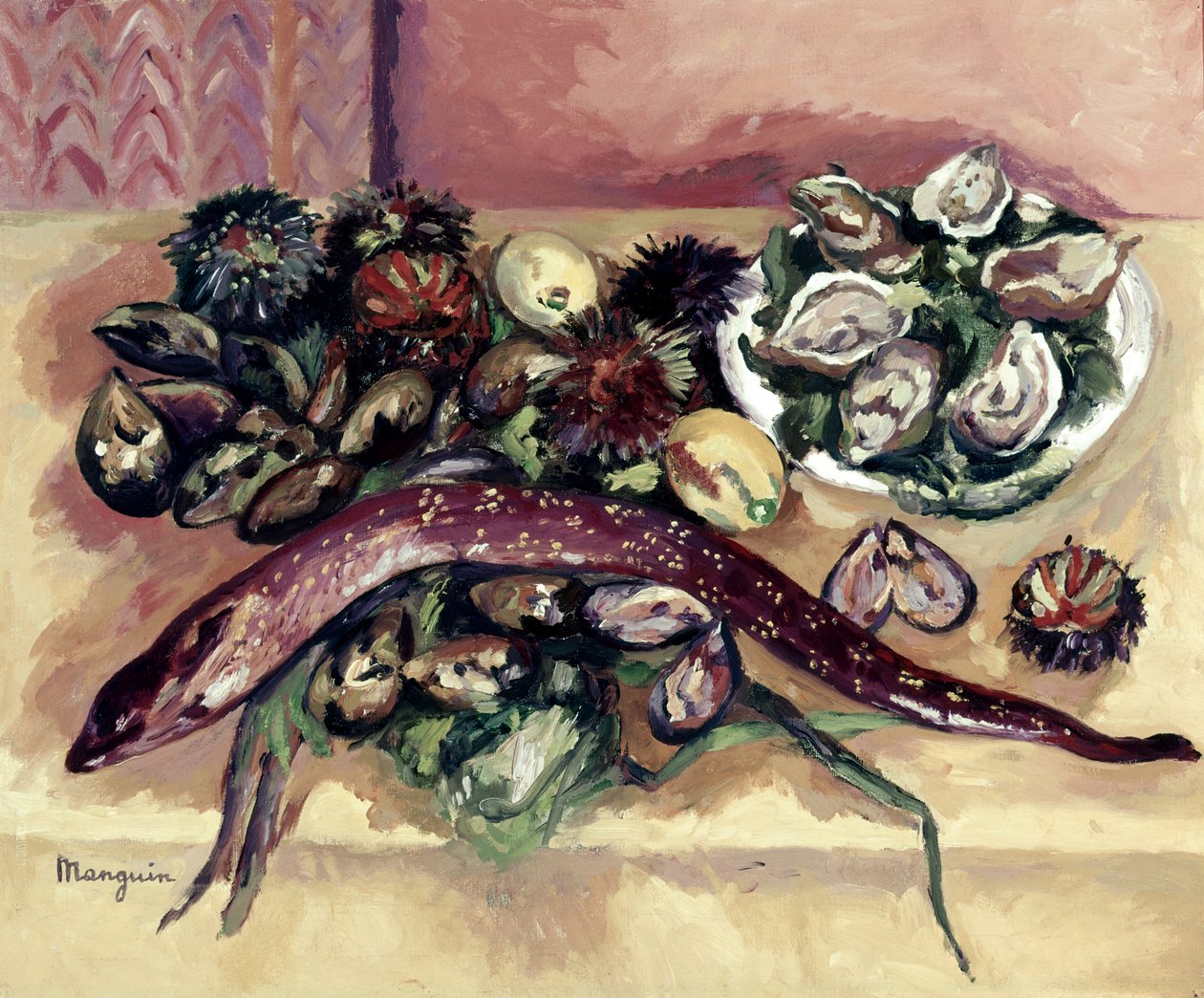 Zátiší s úhořem (Zátiší s mořskými ježky a úhořem) od Henri Charles Manguin