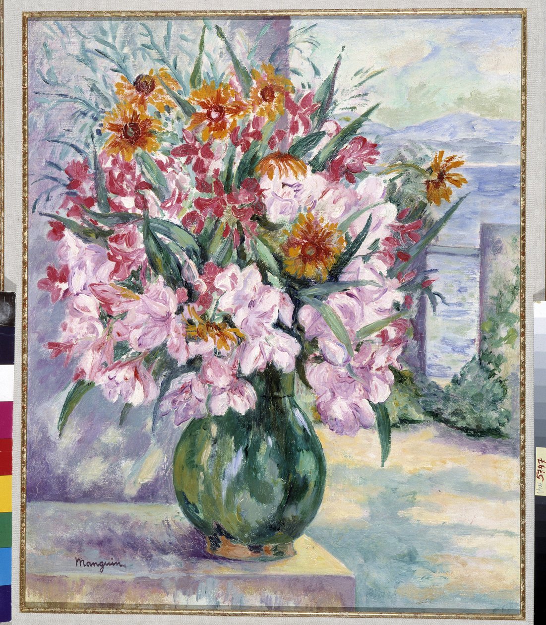 Váza s květinami na terase před mořem 1941 (malba) od Henri Charles Manguin