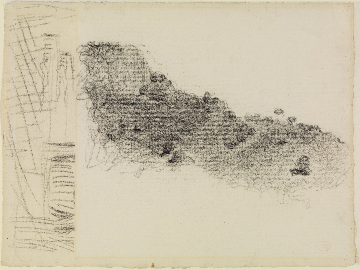 Hřeben klesající doprava v jižní Francii, vlevo fragment jiné kresby od Henri-Edmond Cross