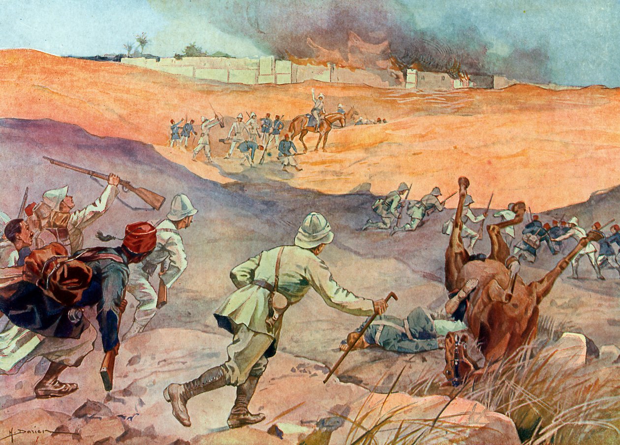 Dobytí Dahomey: „“ Vojska plukovníka Doddse u bran Abomey od Henri Gaston Darien
