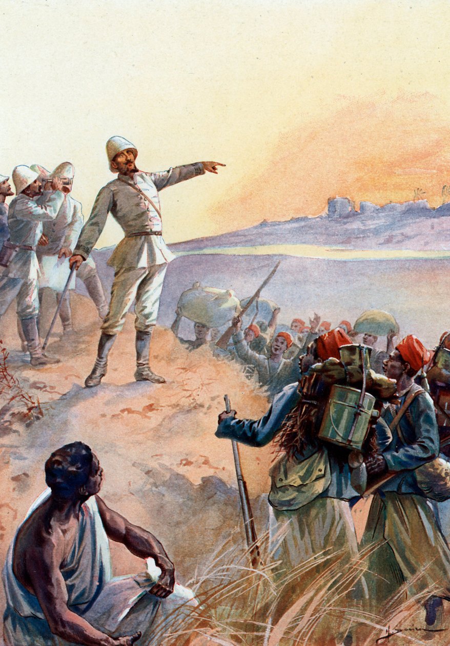 Fachoda Crisis: Kapitán Jean Baptiste Marchand (1863-1934) a jeho senegalští tirailleurs pochodují do Fachody v Súdánu, aby z ní učinili francouzský protektorát, červenec 1898“ (Fashoda incident: Major Jean-Baptiste Marchand putuje napříč Afrikou s rozkaze od Henri Gaston Darien