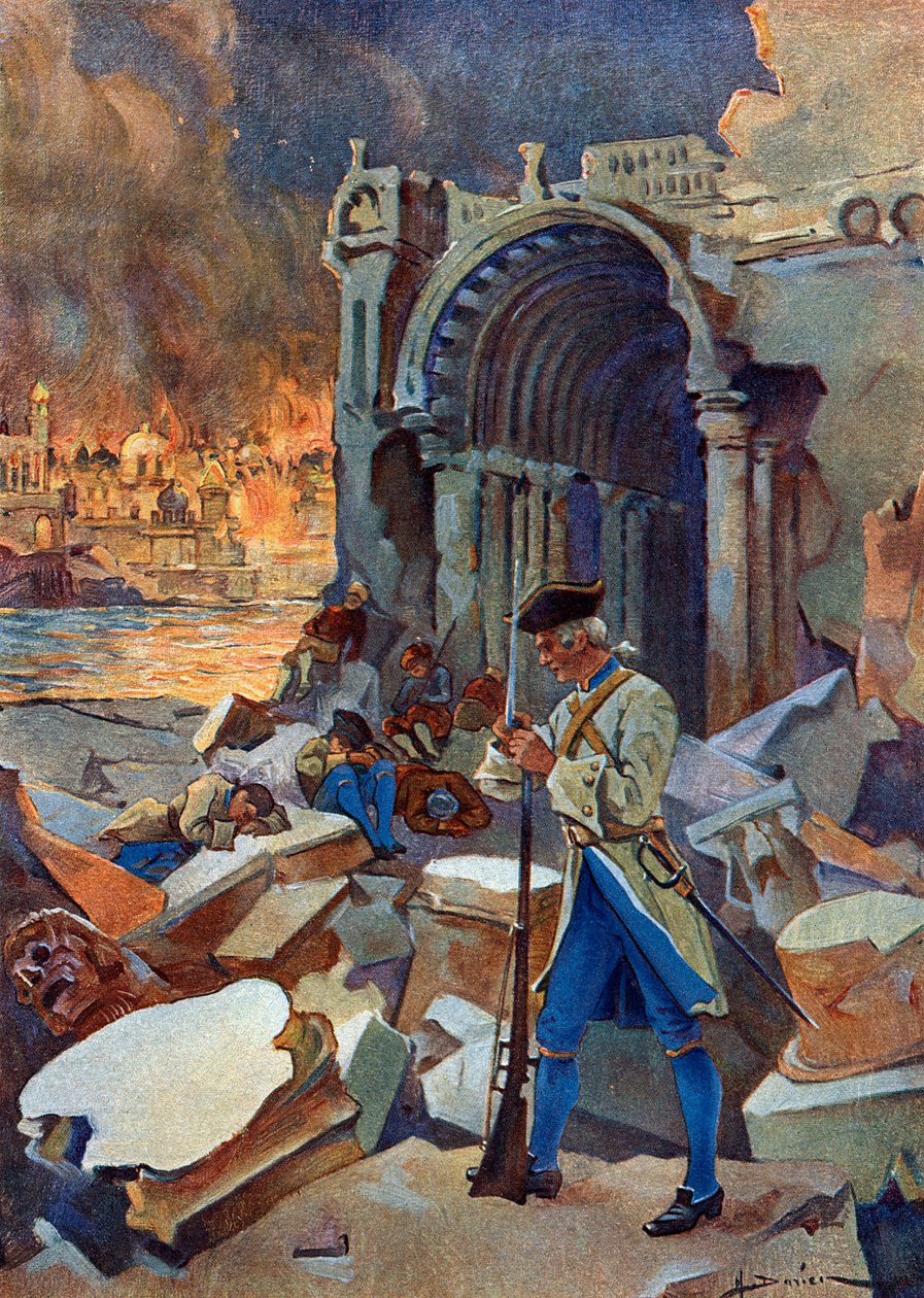 Indická kampaň (1778-1783): Pohled na bitvu o Trinquemalay v srpnu 1782 v Ceylonu, proti francouzské armádě Suffren proti Britům admirála Hugues “(Americká revoluční válka: East Indie: Bitva o Trincomalee mezi britskou flotilou od Henri Gaston Darien
