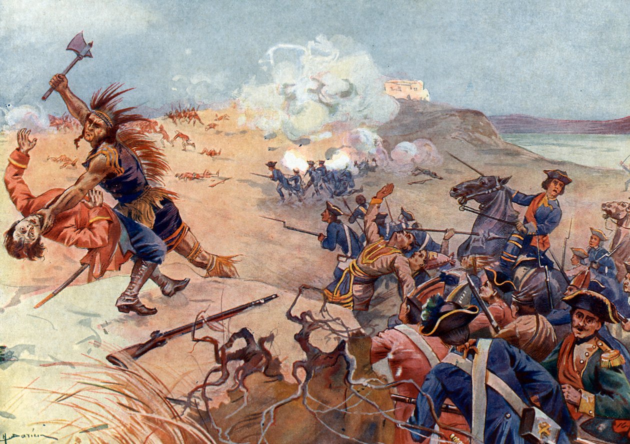 Sedmiletá válka, Conqueteská válka (1754-1763): Bitva o Fort Carillon dne 8. července 1758 mezi francouzskými a britskými jednotkami spojenými s Mohawky u Ticonderogy, jižně od jezera Champlain (New York) (francouzští a indičtí Válka (1754-1763), Sedmiletá od Henri Gaston Darien
