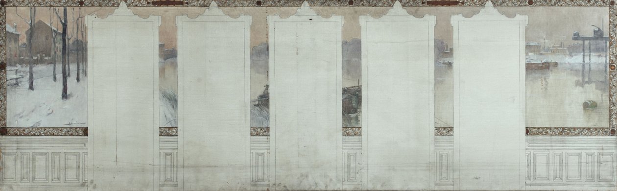 Skica radnice v Asnières: Zima. Seina v Asnières, kolem roku 1900 (olej na plátně s tuší) od Henri Gaston Darien