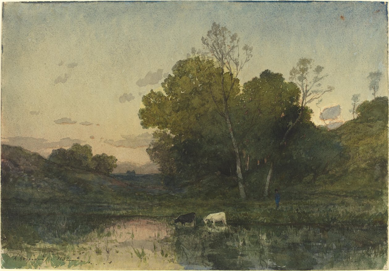 Večerní světlo na zalesněném břehu jezera s pitím dobytka od Henri-Joseph Harpignies