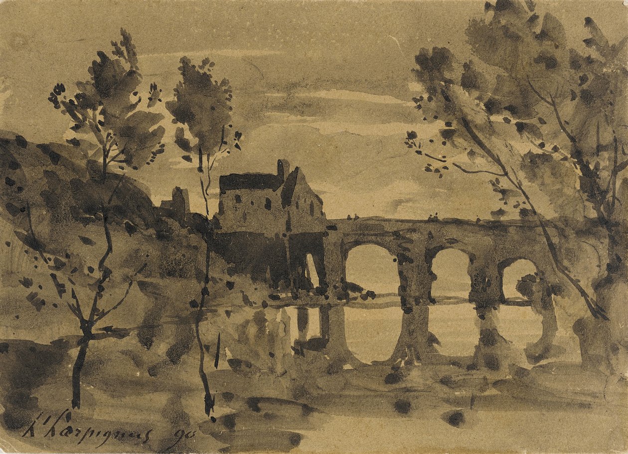 Říční krajina s mostem a domem od Henri-Joseph Harpignies