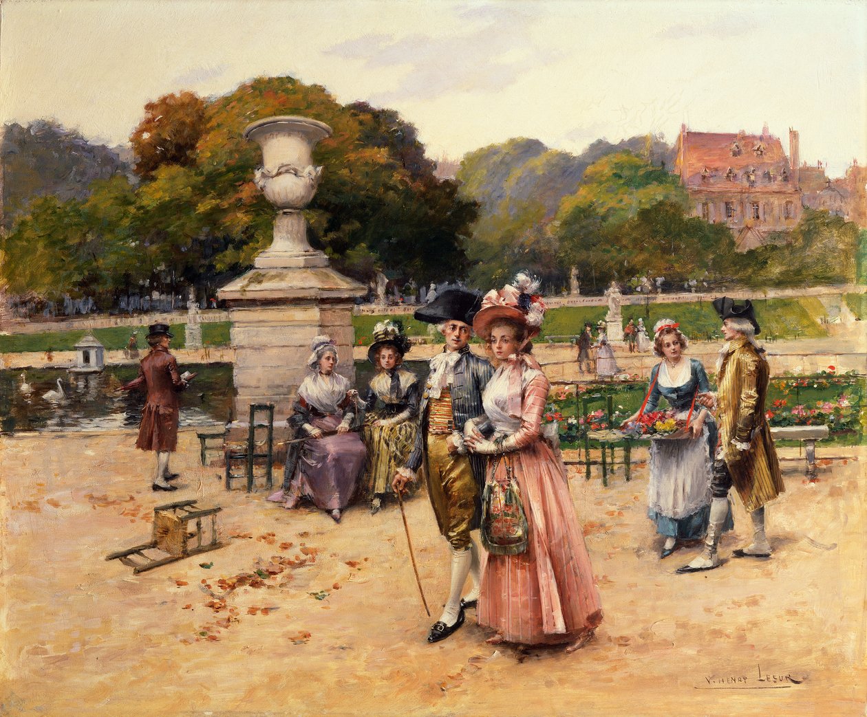 Elegantní postavy na procházce v parku (olej na desce) od Henri-Victor Lesur