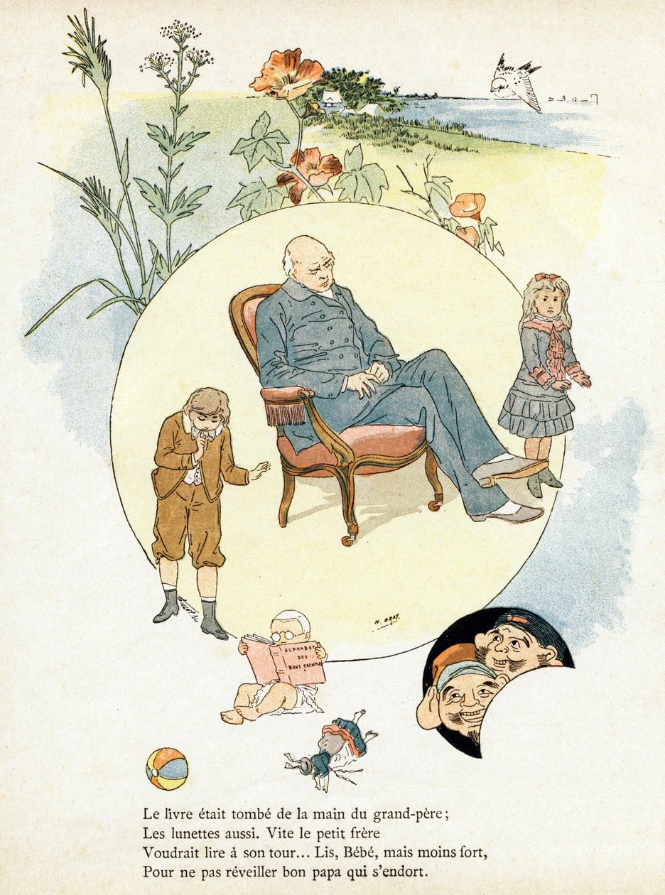 Rytina v "Alphabet des bons exemples". Jules Levy, redaktor. Ilustrace Henri Boulanger, aka Henri Gray. Texty paní P. Boulanger. Rytina a tisk Ch. Gillot, 79 rue Madame, Paříž. Kolem roku 1890. Najděte na každém obrázku slavné dílo od Henri  Gray