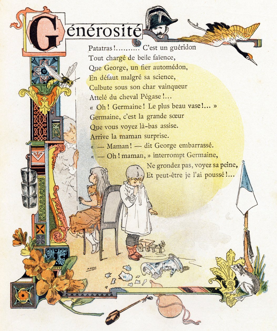 Písmeno G Generosite - Gendarme Grue Guepe Godets Giroflee Gourde Grenouille - Rytina v "Alphabet des bons exemples" - Jules Levy, editeur - Illustrations de Henri Boulanger, alias Henri Gray (1858-1924). Texty (básně) Mme P. Boulanger - Rytina a i od Henri (1858 1924) Gray