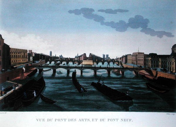 Pont des Arts a Pont Neuf, kolem 1815-20 (barevná rytina) od Henri (after) Courvoisier Voisin