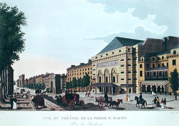 Divadlo de la Porte Saint-Martin. c.1815-20 (barevné rytí) od Henri (after) Courvoisier Voisin