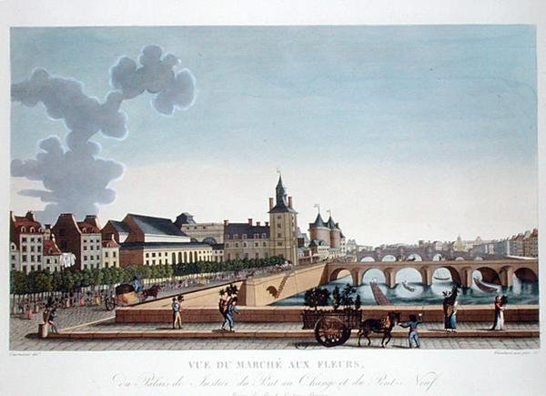 Pohled na květinový trh u Justičního paláce, kolem roku 1816-20 (barevná rytina) od Henri (after) Courvoisier Voisin