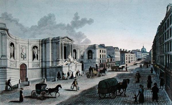 Pohled na fontánu na Rue de Grenelle, Faubourg St. Germain, ryl Grimbergen, kolem 1815-20 (barevná rytina) od Henri (after) Courvoisier Voisin