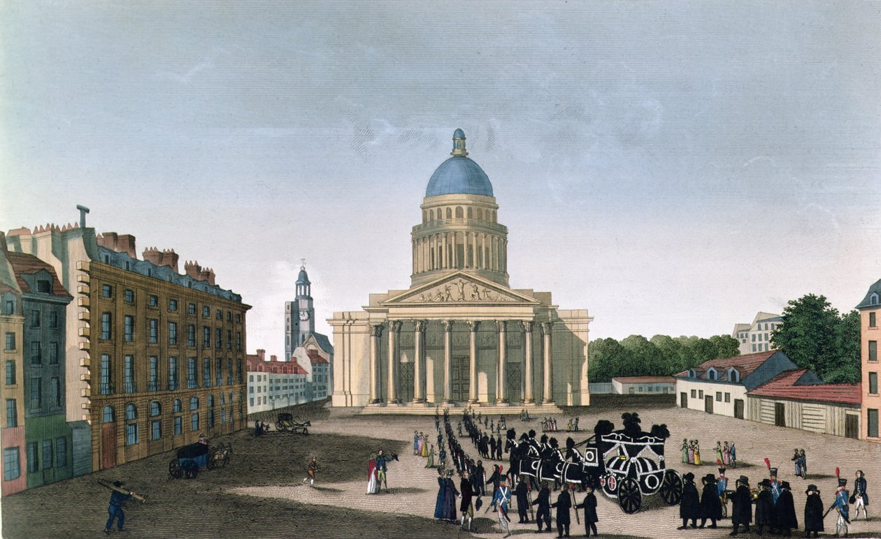 Smuteční průvod před Pantheonem, kolem 1815-20 (barevná rytina) od Henri (after) Courvoisier Voisin