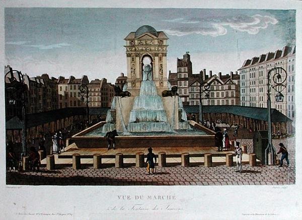 Pohled na Marche des Innocents, vyrytý Eugenem Duboisem, kolem 1815-20 (barevná rytina) od Henri (after) Courvoisier Voisin