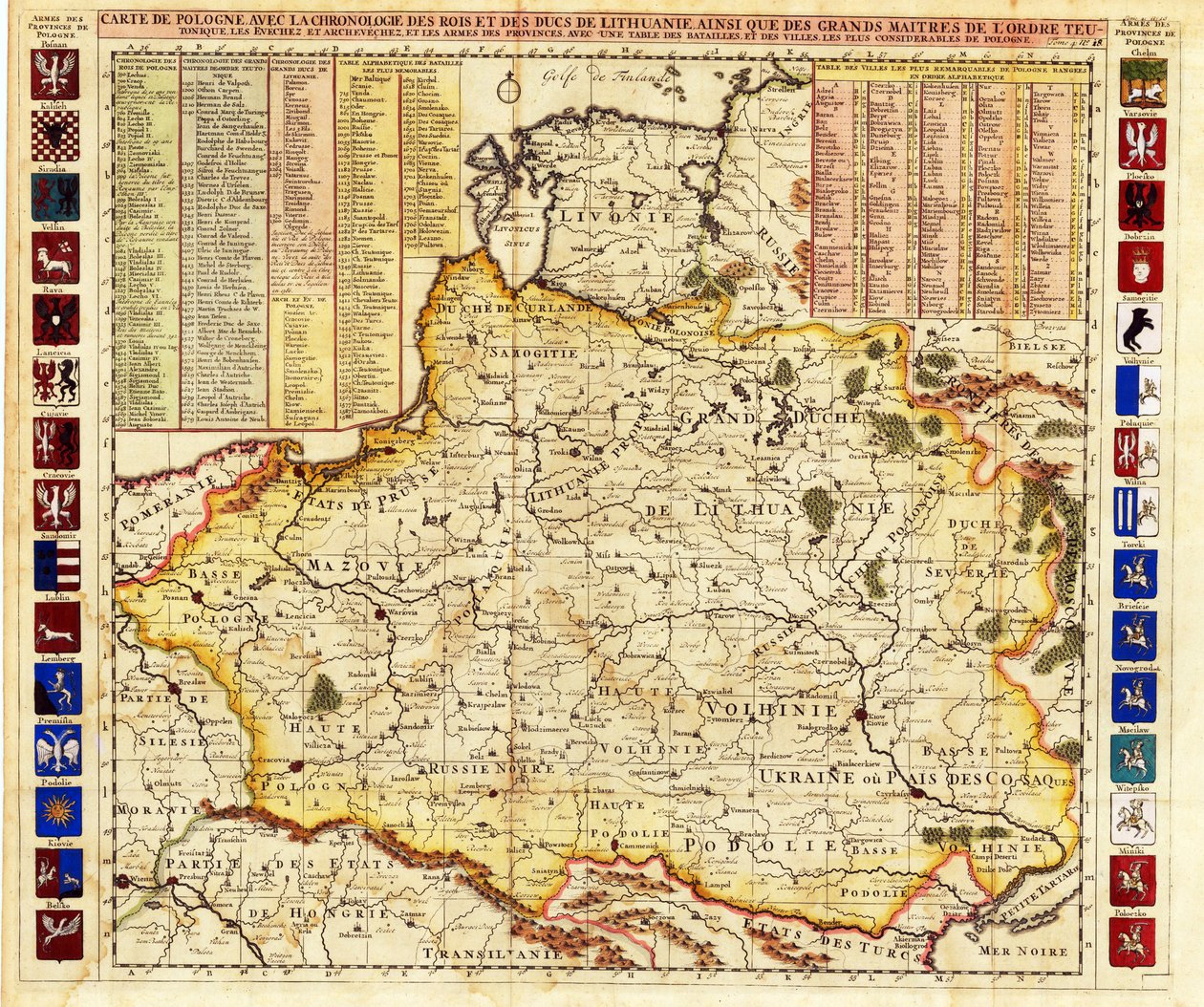 Mapa Polska zahrnuje části Livonska a moskevského velkovévodství par Chatelain, Henri Abraham (1684-1743). Lept, akvarel od Henri Abraham Chatelain