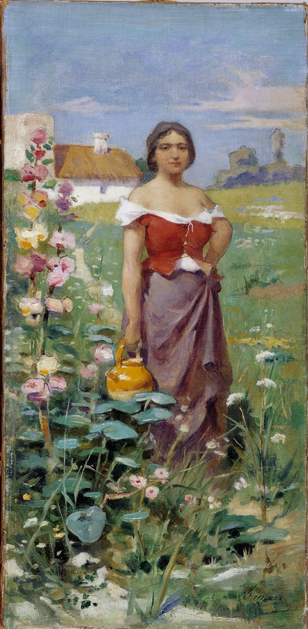 Camargaise džbán Mladá žena oblečená s cikánem v poli. Obraz Adriena Henriho Tanouxe (1865-1923) 20. století Povinná zmínka: Collection fondation needs de Provence, Marseille od Henri Adrien Tanoux