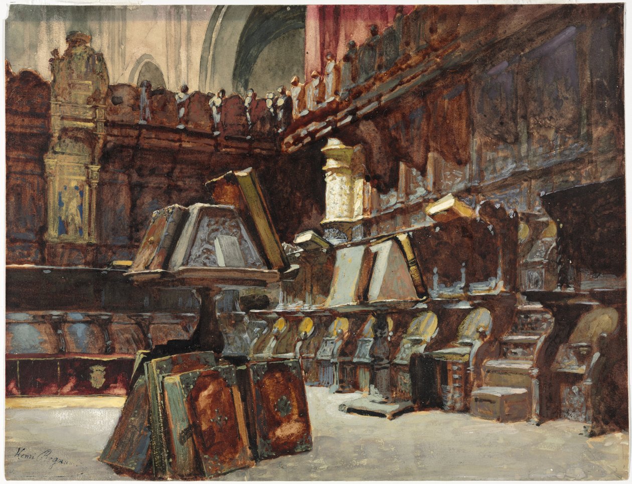 Chrámové lavice ve španělské katedrále, asi 1868 (akvarel a kvaš se stopami grafitu na krémovém vliesovém papíře) od Henri Alexandre Georges Regnault