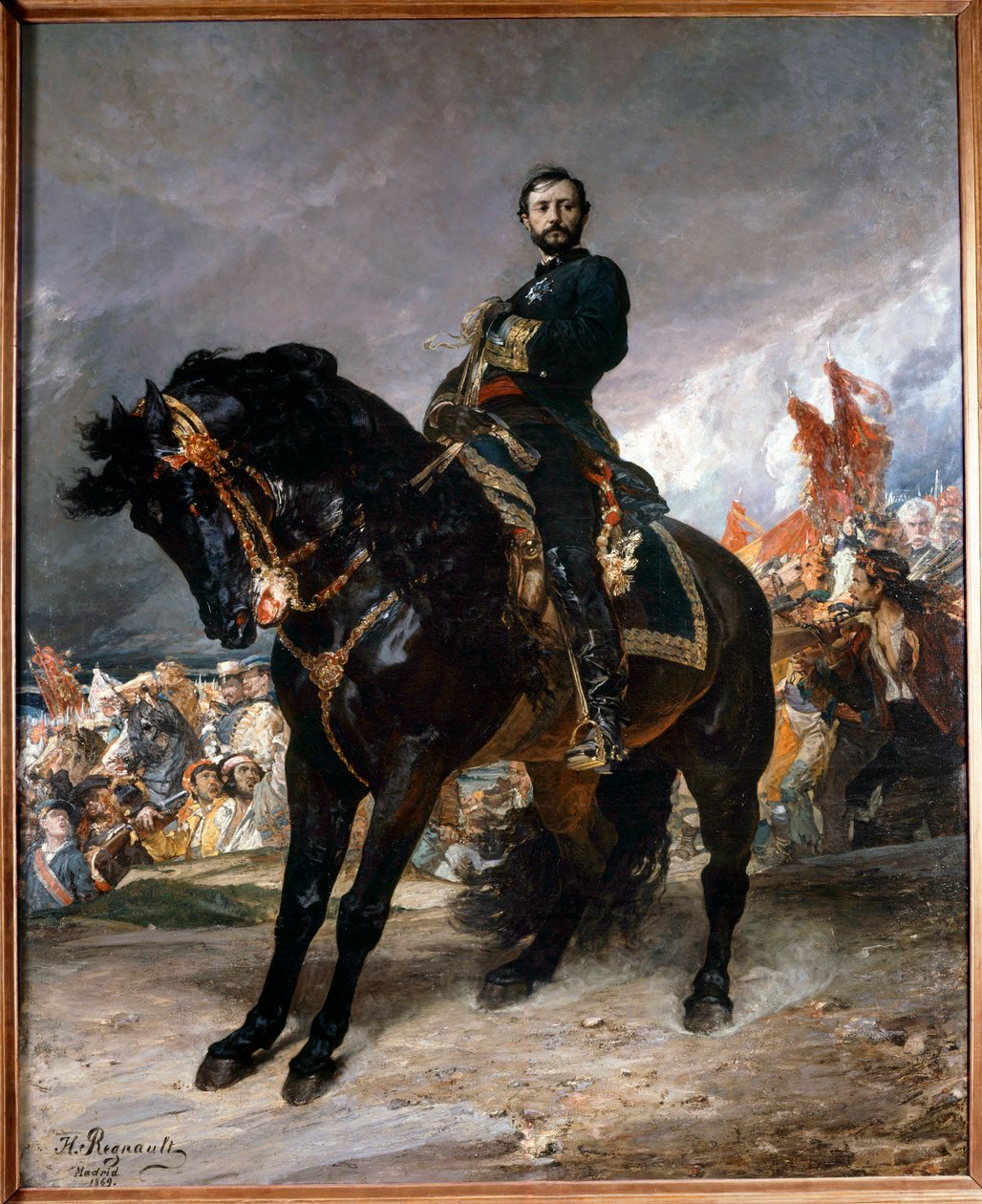 Zářijová revoluce (Gloriosa): „“ Generál Juan Prim (1843-1871) jedoucí před Madridem, v čele povstání španělské revoluce 8. října od Henri Alexandre Georges Regnault
