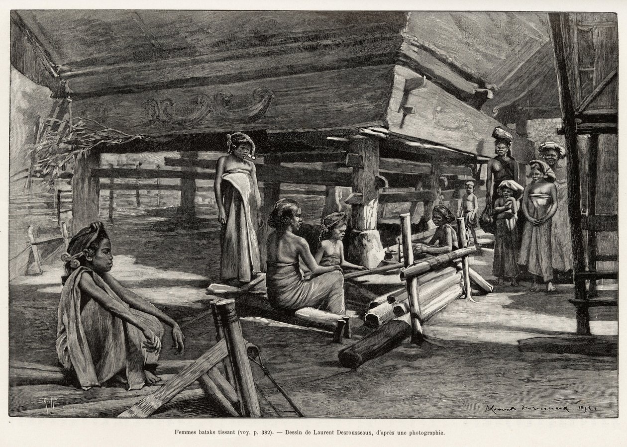 Batakové ženy, etnická skupina Severní Sumatra, tkaní. Rytina Laurenta Desrousseauxe k ilustraci příběhu „“ jeden rok v Malajsii“, od Julese Clainea (1856-1939), v letech 1889-1890, v Le tour du Monde 1892, režie Edouard Charton (1807-1891), Hachette, Pa od Henri Alphonse Louis Laurent Desrousseaux