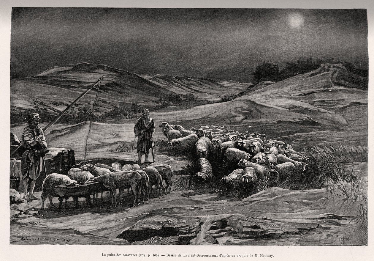 Trailer dobře. Rytina Laurenta Desrousseauxe k ilustraci příběhu „A travers la Perse meridionale“ od C. Babina a F. Houssaye v roce 1885 v Le tour du Monde 1892, režie Edouard Charton (1807-1891), Hachette, Paříž. od Henri Alphonse Louis Laurent Desrousseaux