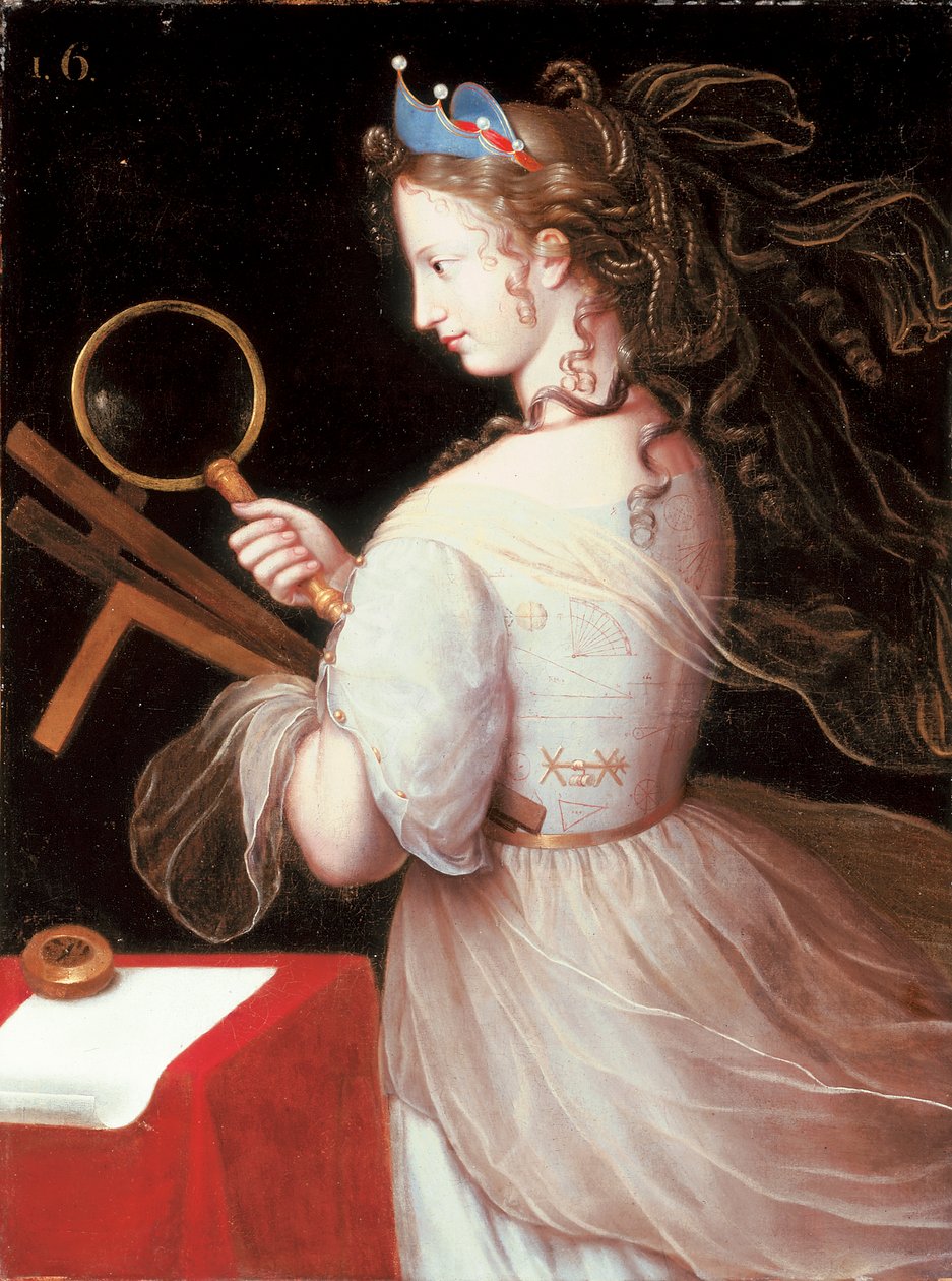 Portrét Marie-Charlotte de la Tremouille, vévodkyně Saxe-Iena, oblečená jako alegorie Geomtery od Henri Beaubrun