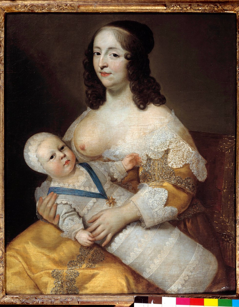Reprezentace budoucího krále Ludvíka XIV. (1638-1715) miminko v plavkách v náručí své sestry Marie de Longuet de la Giraudiere Ženino prso je objeveno a připraveno kojit dítě. Obraz Charlese (1604-1692) a Henriho (1603-1677) od Henri Beaubrun