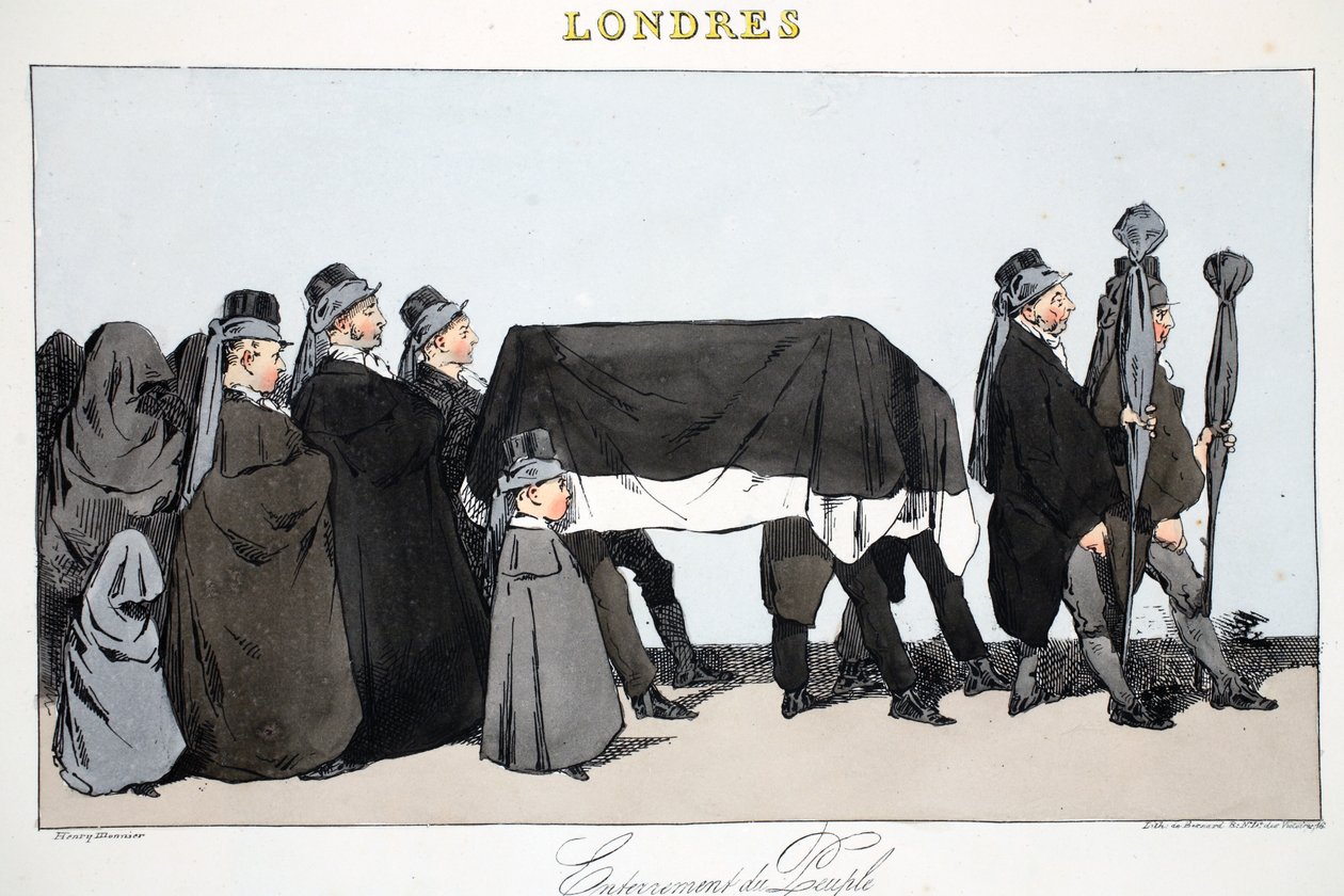 Pohřbívání lidu, ilustrace z knihy "Londýn" od Henriho Monniera, vyd. Paříž, asi 1828 (ručně kolorovaná litografie) od Henri Bonaventure Monnier