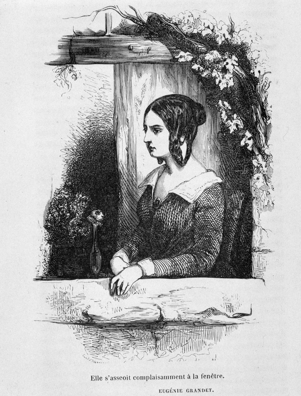 Eugénie Grandet u jejího okna - v „“Eugénie Grandet““ od Balzaca, ill. Henri Monnier, původní vydání z roku 1843 od Henri Bonaventure Monnier