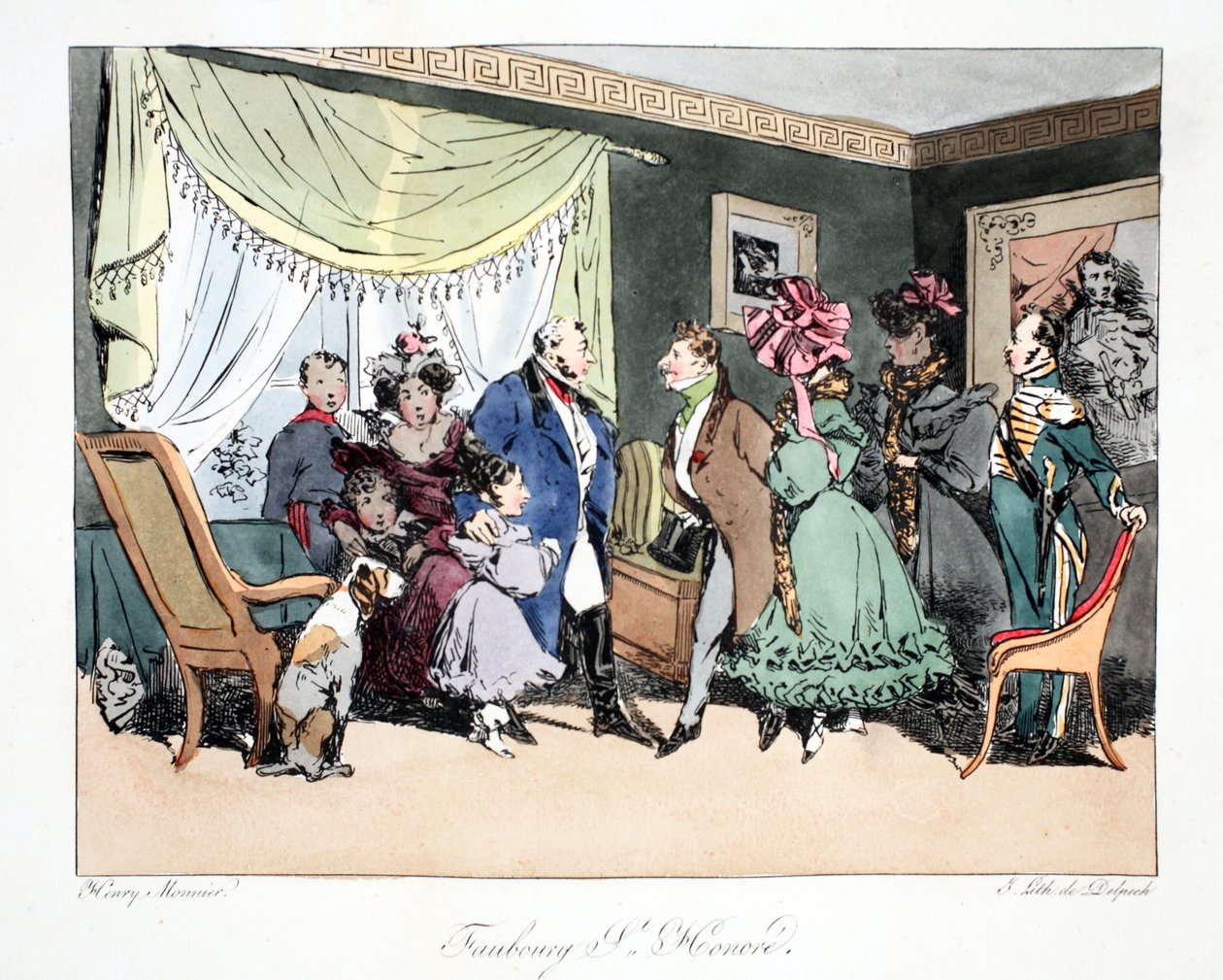 Faubourg St. Honoré, ilustrace z knihy Henriho Monniera "Six Quartiers de Paris", litografie F. S. Delpech, vyd. Paříž, asi 1828 (ručně kolorovaná litografie). od Henri Bonaventure Monnier