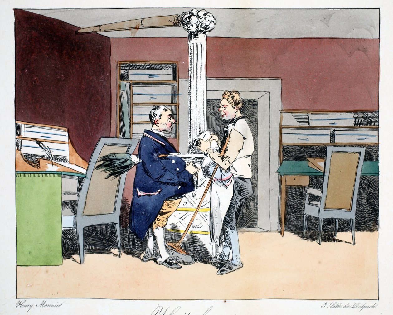 Osm hodin, ilustrace z „Moeurs Administratives, Dessinées podle přírody“ od Henriho Monniera, litografie Delpech, hospoda. Paříž, kolem roku 1828 (ručně kolorované lito) od Henri Bonaventure Monnier
