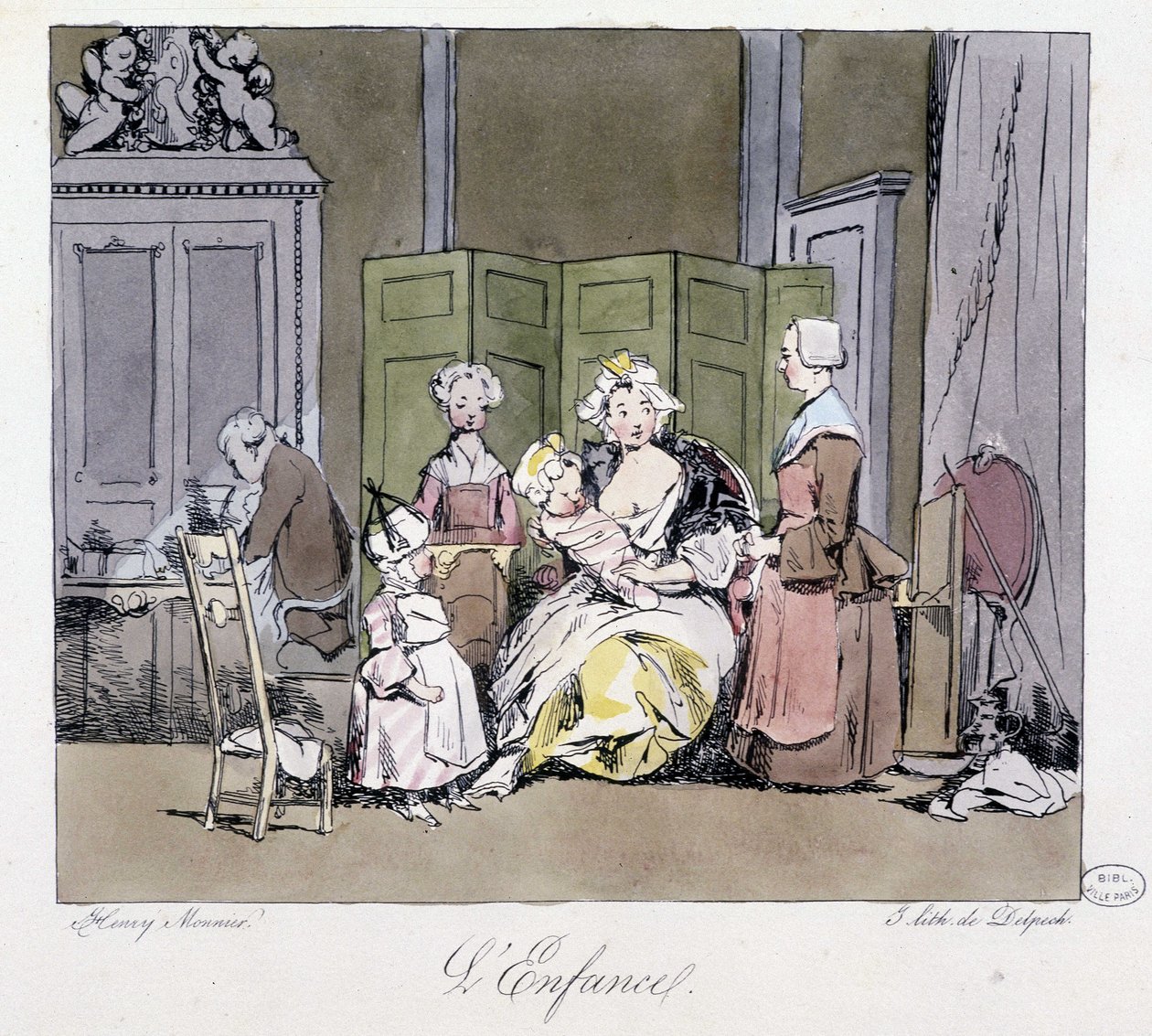 Kočka, sluhové, miminko a dítě v aristokracii 18. století - v „“ Dříve a dnes“ od Henri Monniera, ed. Delpech, Paříž od Henri Bonaventure Monnier