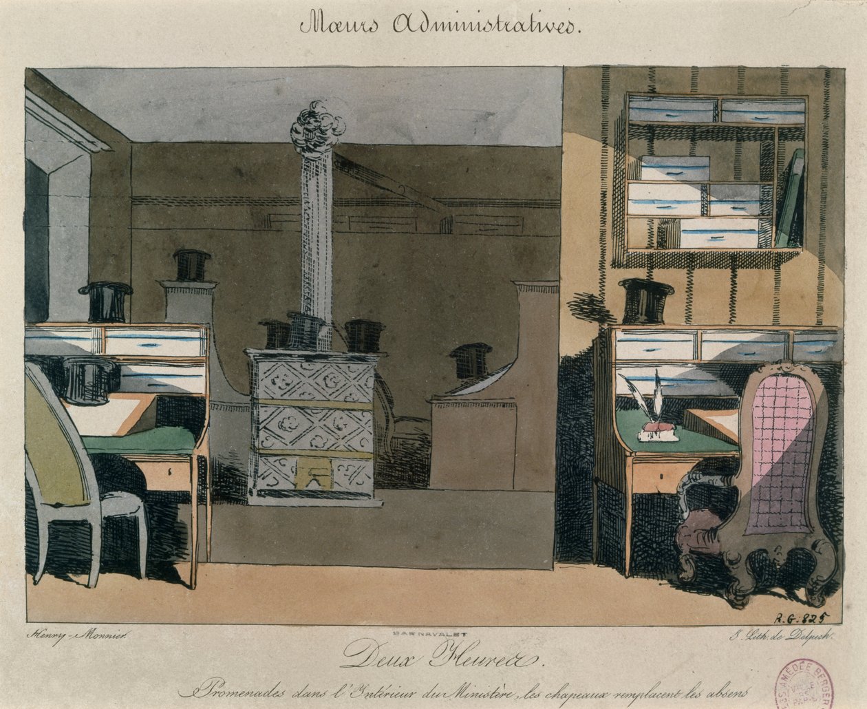 Scéna v pařížské kanceláři během přestávky na oběd, kolem roku 1830 (barevná rytina) od Henri Bonaventure Monnier