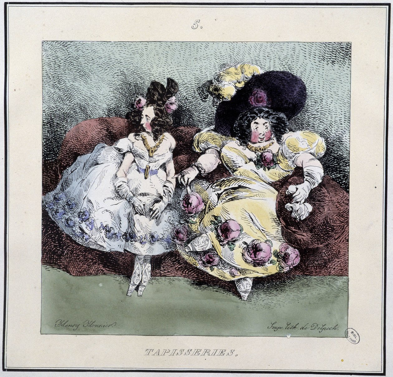 Ošklivé ženy dělající "tapisérii"" sedící v obývacím pokoji - v "" Parisiennes" od Henriho Monniera, ed. Delpech, Paříž od Henri Bonaventure Monnier