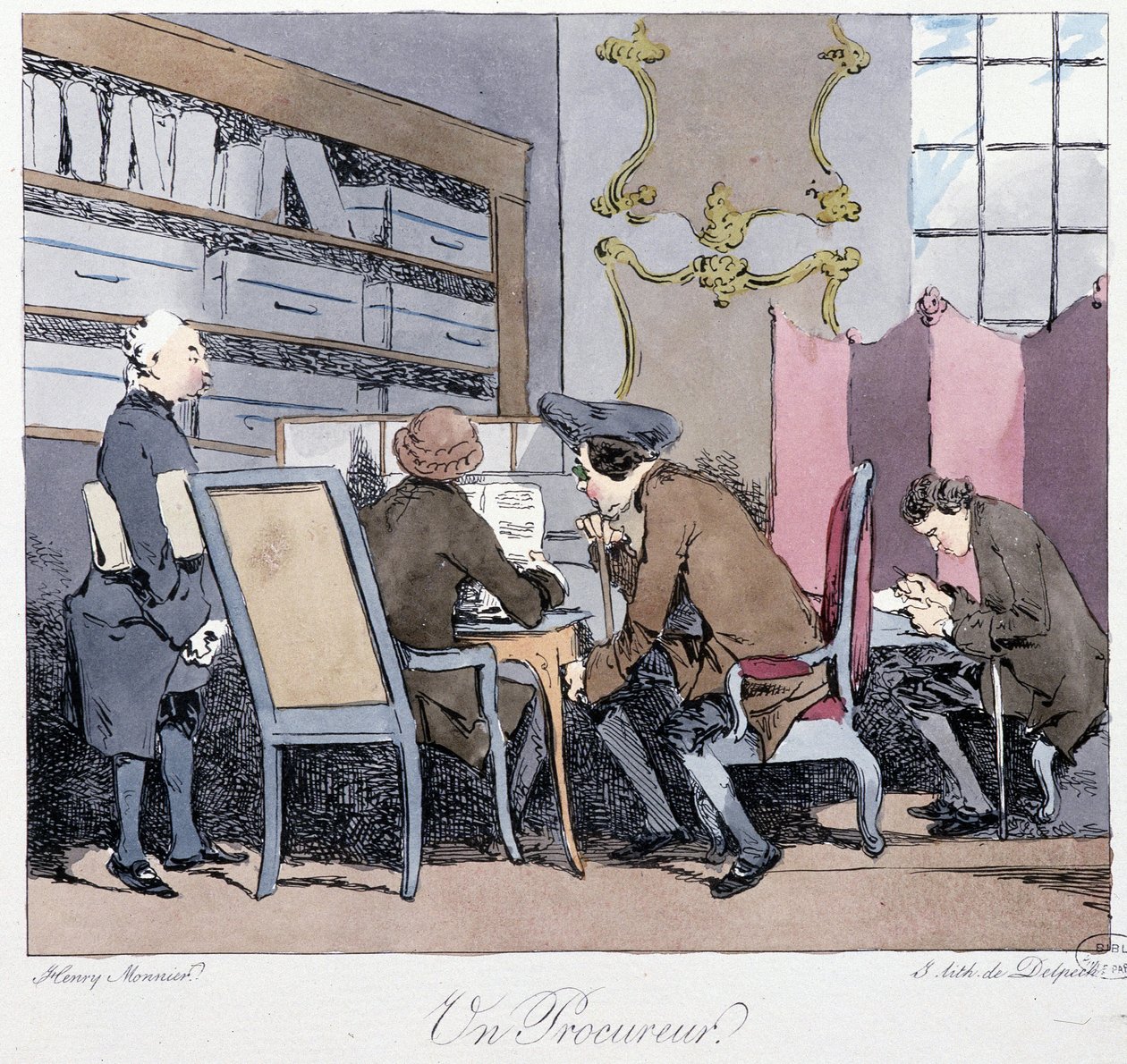 Žalobce (čtyři muži v pracovně) - v „“ Dříve a dnes“ od Henriho Monniera, ed. Delpech od Henri Bonaventure Monnier