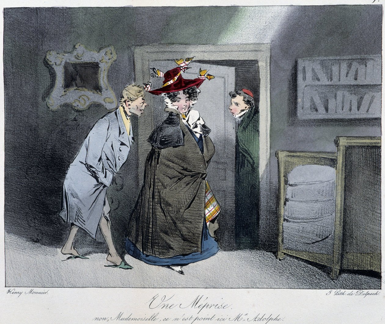 Nedorozumění: "" Ne, slečno, není to tady, Monsieur Rodolphe"" - v ""Pařížských náčrtech"" od Henriho Monniera, ed. Delpech, Paříž od Henri Bonaventure Monnier