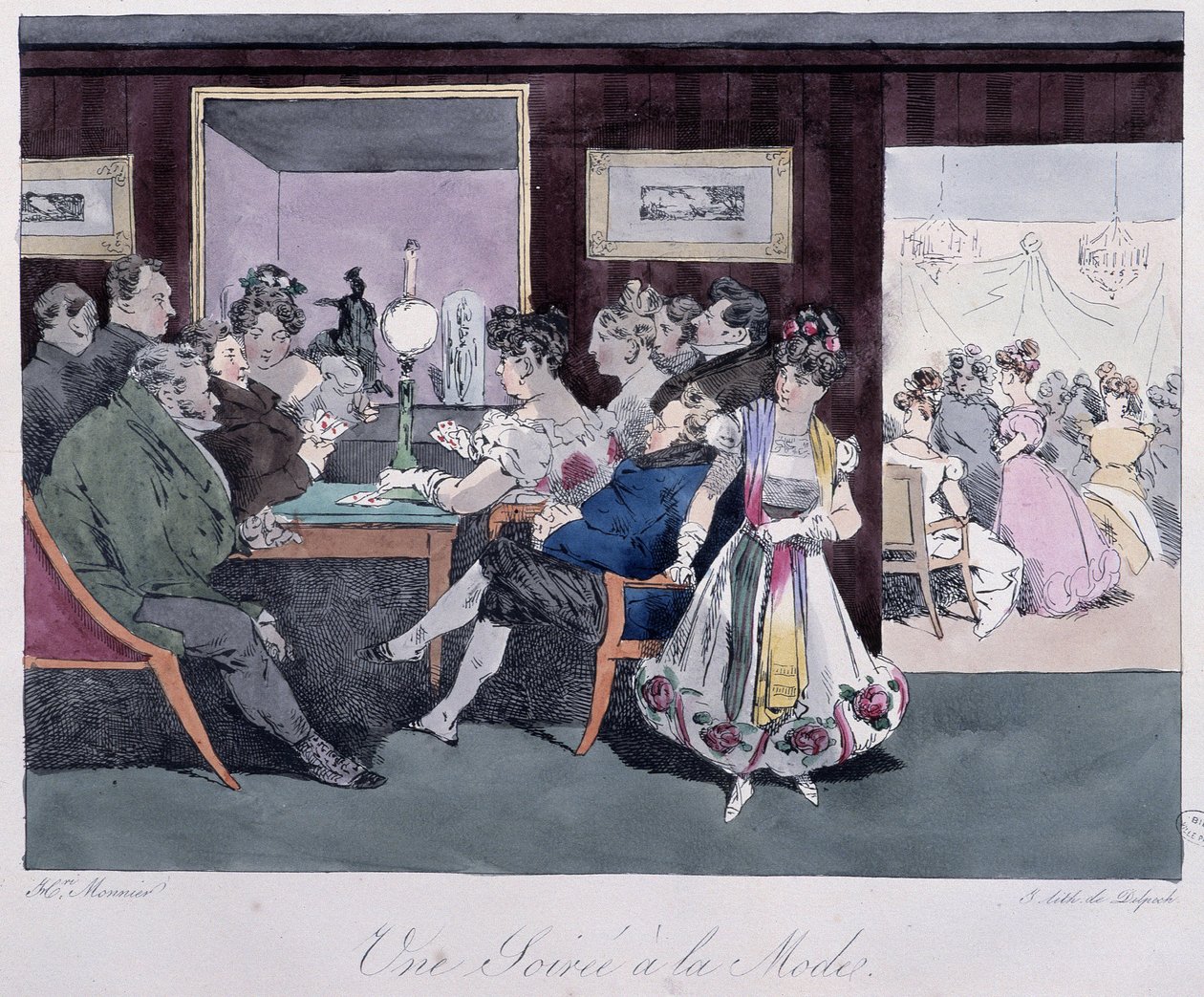 Une soirée à la mode - v „“ Esquisses parisiennes“ od Henriho Monniera, ed. Delpech, Paříž od Henri Bonaventure Monnier