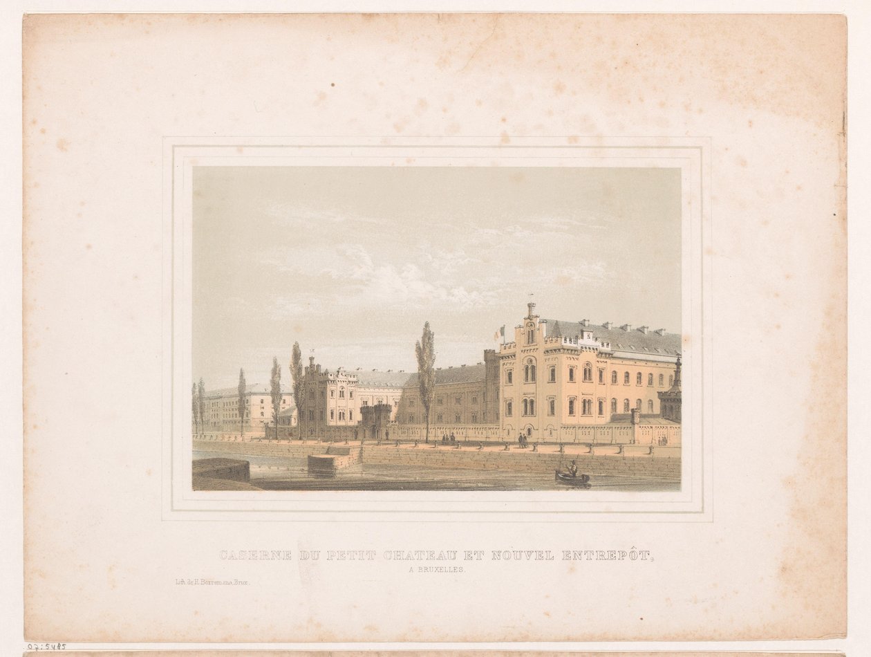 Pohled na kasárna Klein Kasteeltje a nový sklad v Bruselu Caserne du petit chateau et nouvel entrepôt, Brusel (název na objektu) od Henri Borremans (attributed to)