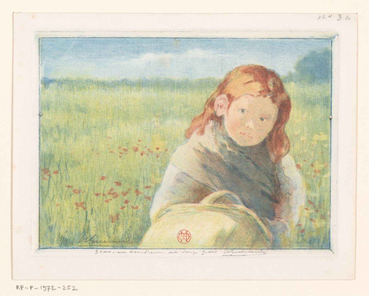 Dívka s košíkem na květinové louce od Henri Charles Guérard (signed by artist)