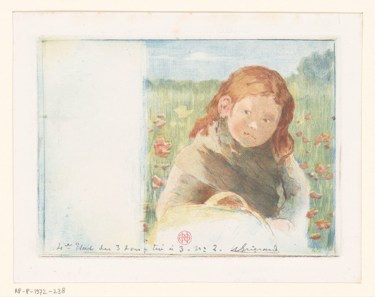 Dívka s košíkem na květinové louce od Henri Charles Guérard (signed by artist)