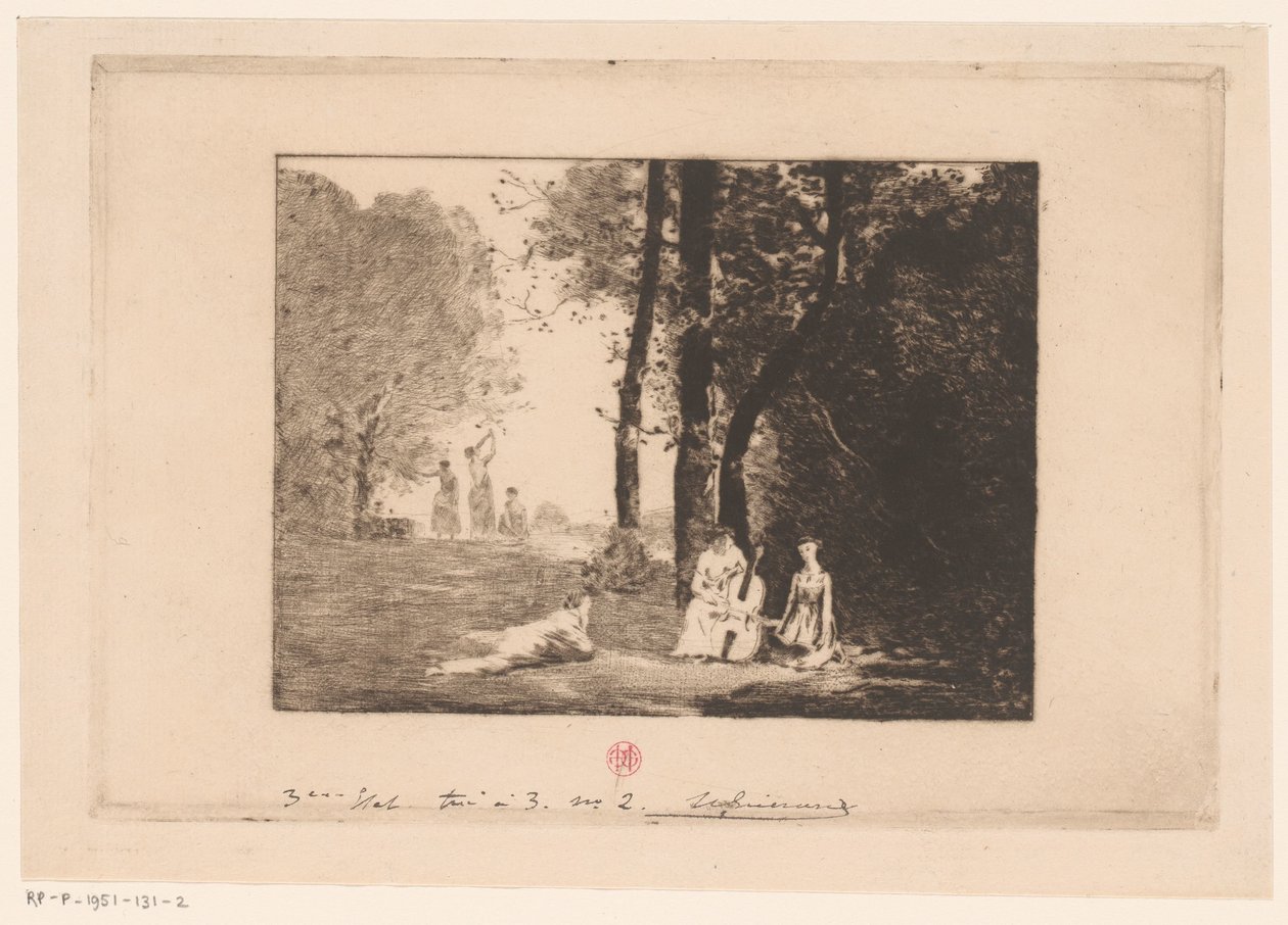 Ženy dělají hudbu pod stromem od Henri Charles Guérard (signed by artist)