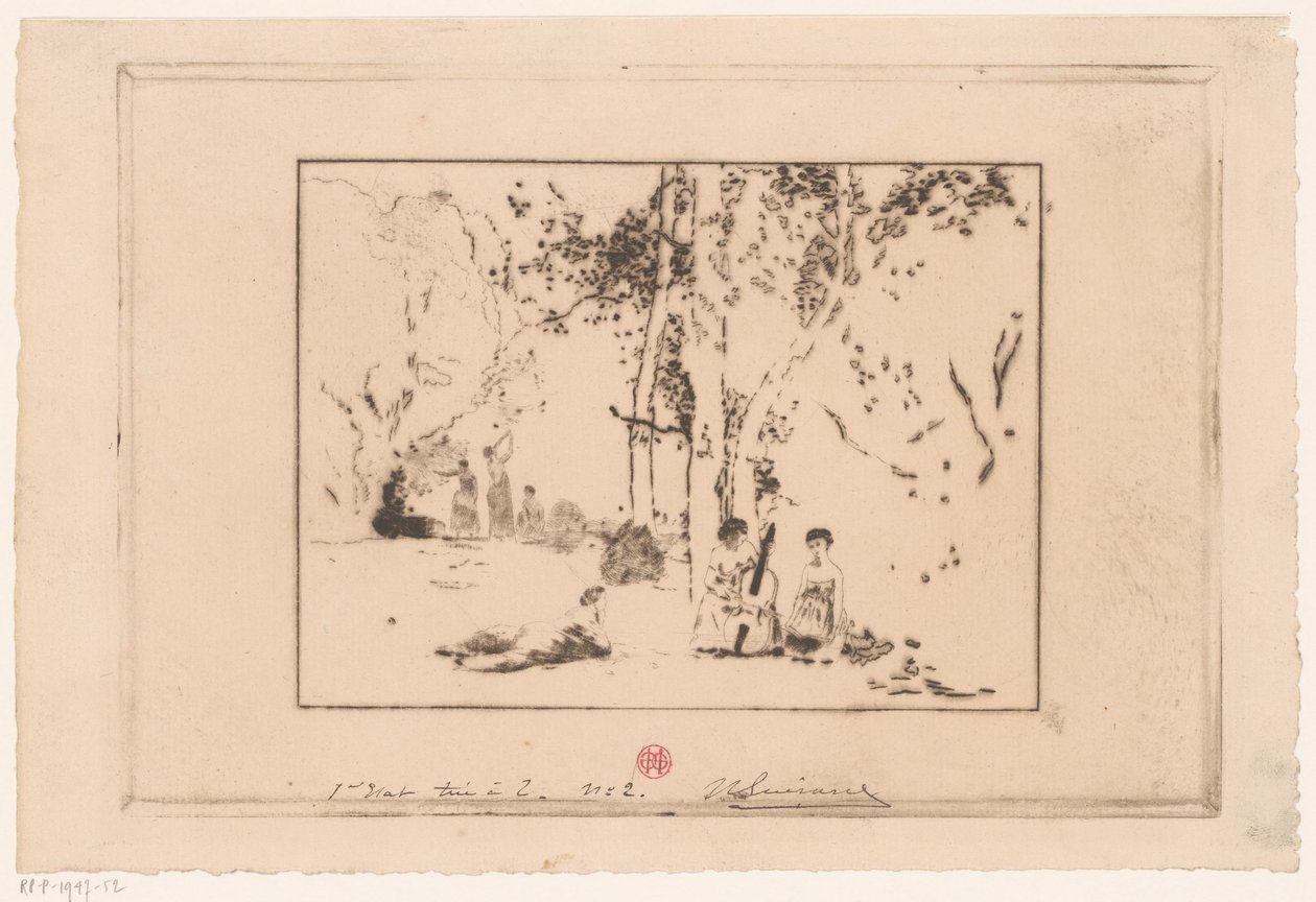 Ženy dělají hudbu pod stromem od Henri Charles Guérard (signed by artist)
