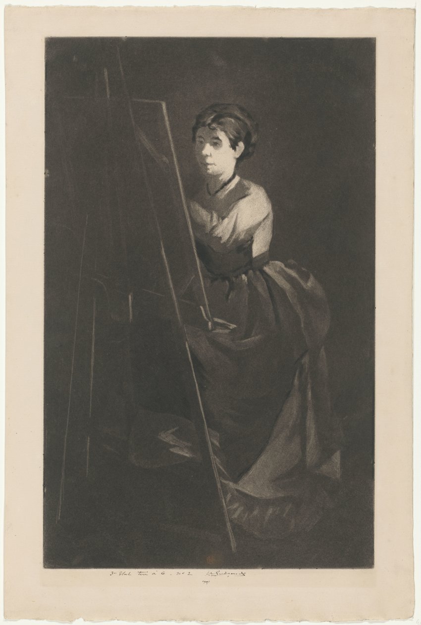 Portrét Evy Gonzalèsové před stojanem od Henri Charles Guérard (signed by artist)