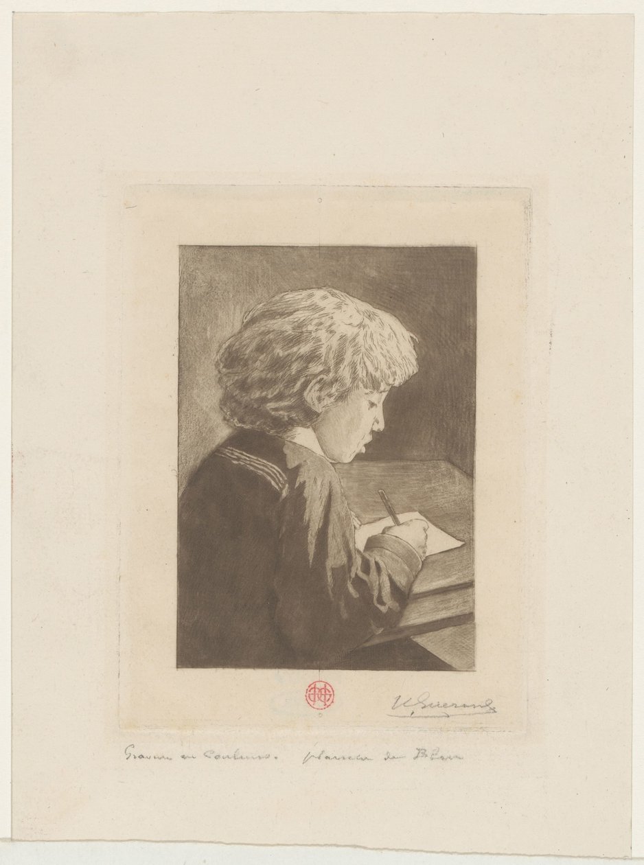 píšící chlapec od Henri Charles Guérard (signed by artist)
