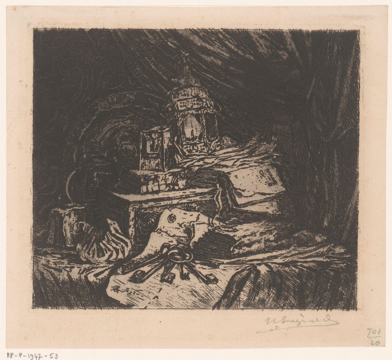 Zátiší s klíči a lucernou od Henri Charles Guérard (signed by artist)