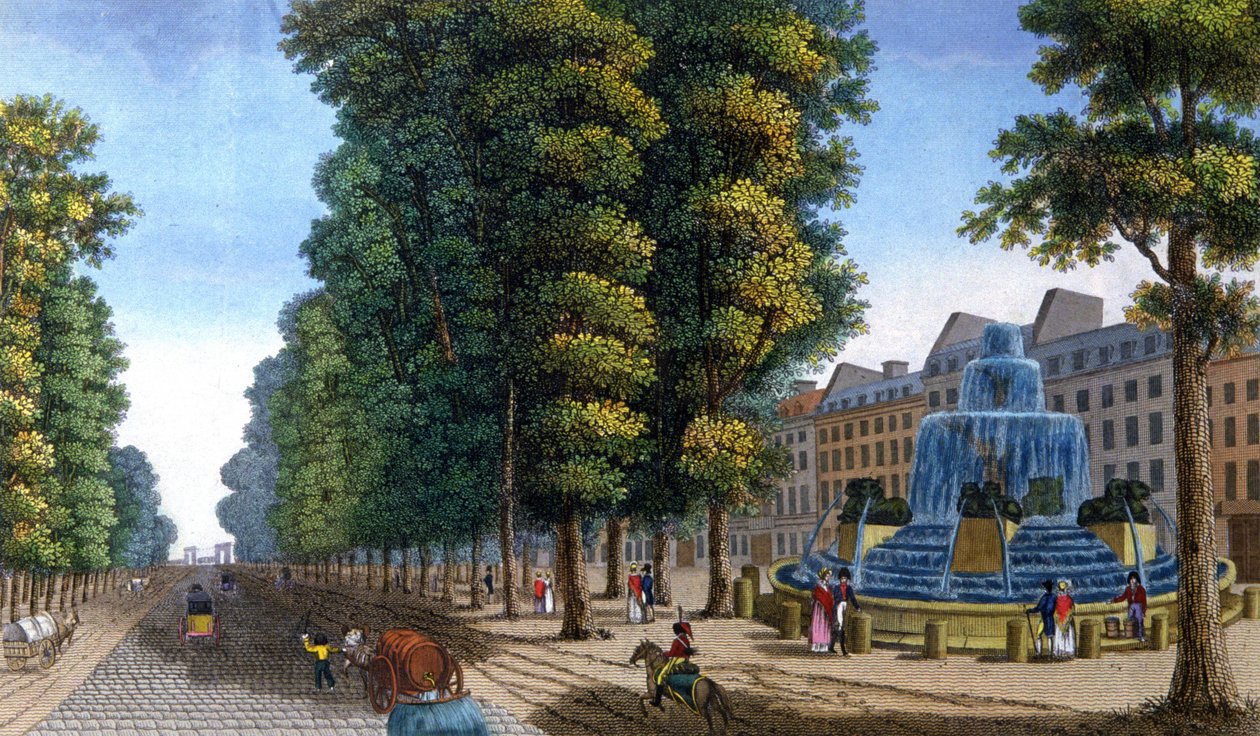 Fontána, Boulevard Saint-Martin, cca 1810-1820 (rytina) od Henri Courvoisier-Voisin