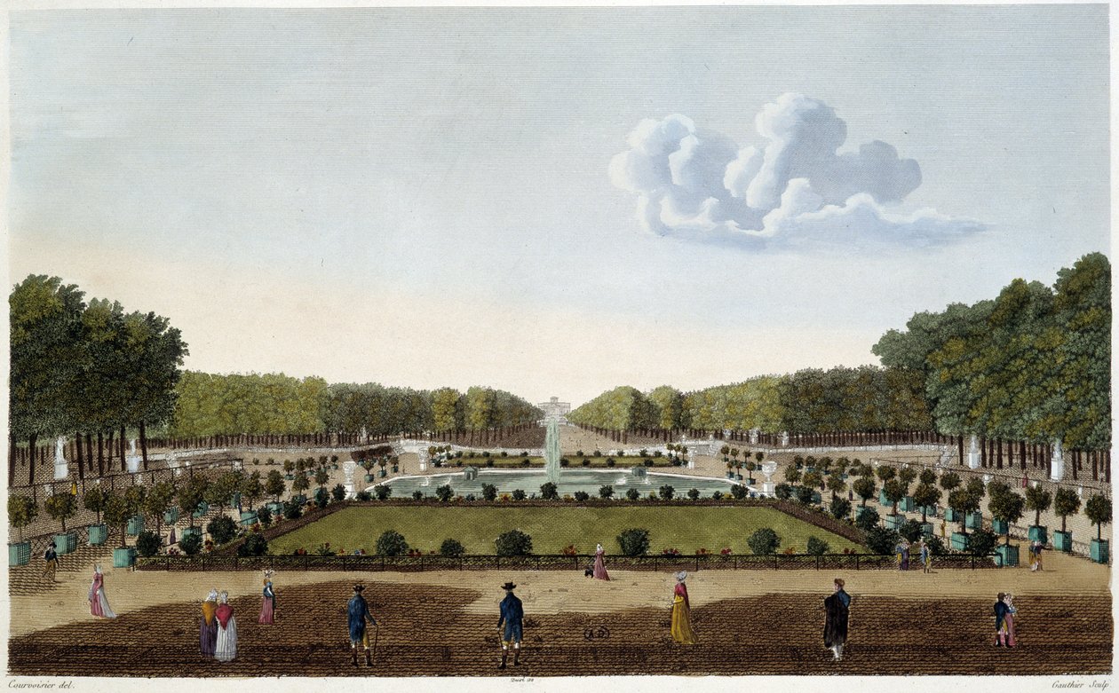 Le Jardin du Luxembourg při pohledu z terasy Palais. Gravírování Courvoisier od Henri Courvoisier Voisin