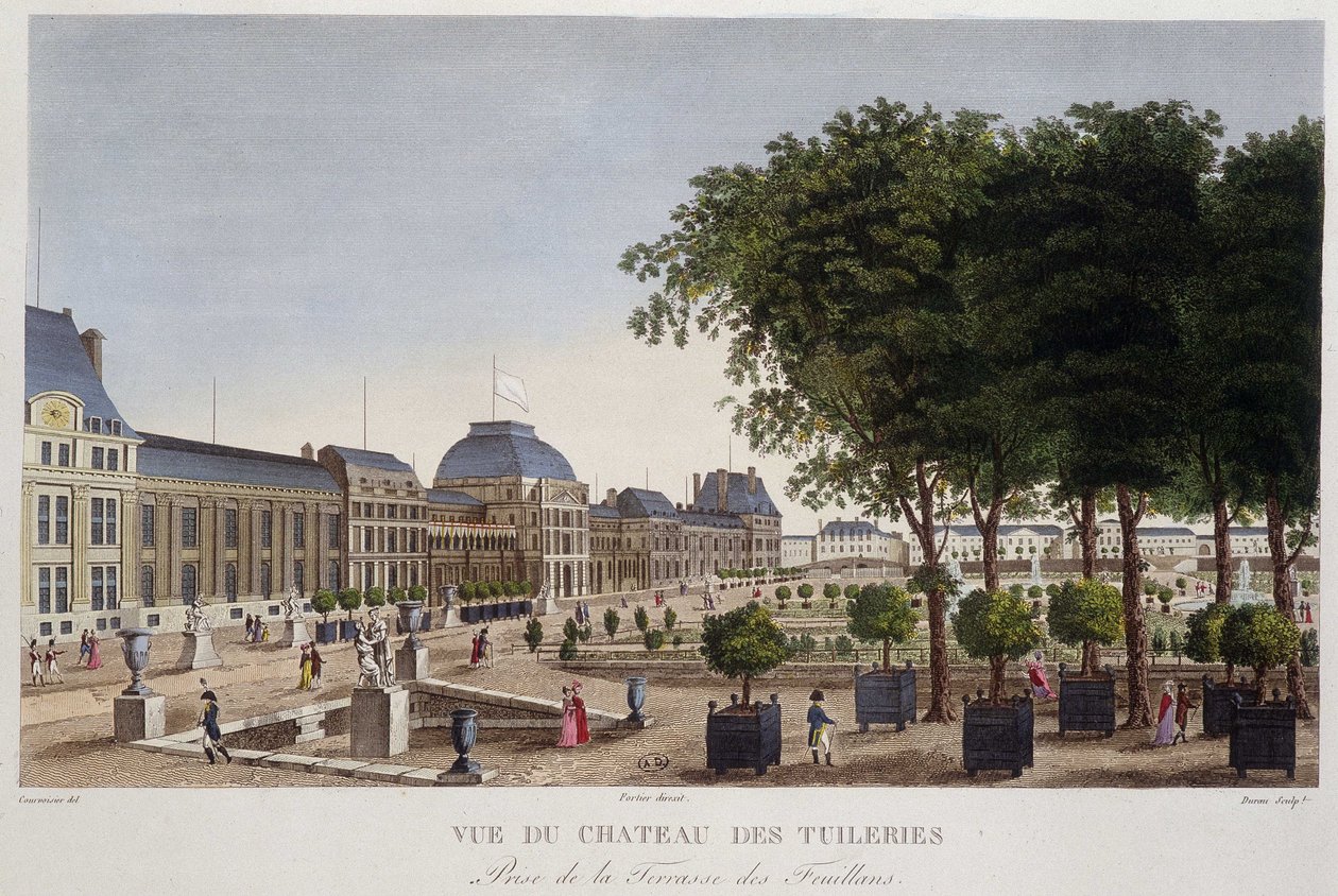 Zahrada a zámek Tuileries při pohledu z terasy Les Feuillans. Gravírování Courvoisier od Henri Courvoisier Voisin